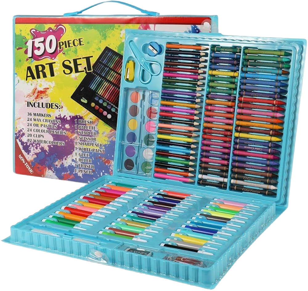 150 Piece Deluxe Art Set Drawing Set for Kids Crafts Kit Box Gift Art Supplies for Drawing, Painting and More Black