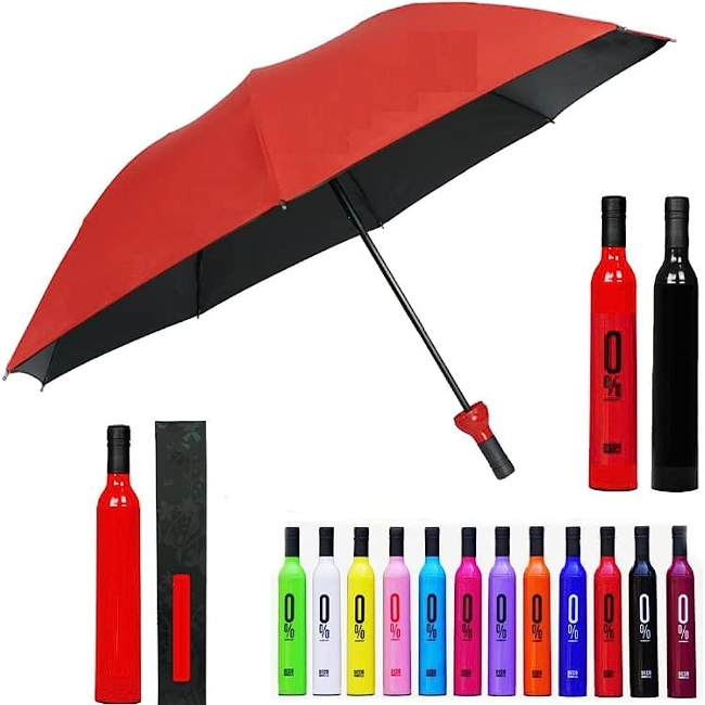 Double Layer Folding Portable Wine Bottle Umbrella with Bottle Cover for UV Protection & Rain For Girls Women