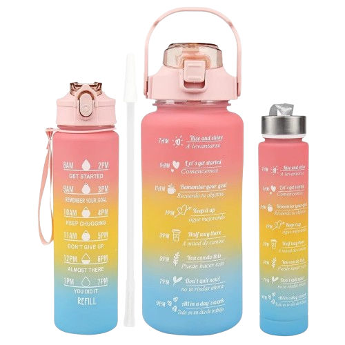 New 3 in 1 Set Water Bottle 2000ml 900ml 300ml Portable Gradient Color Plastic Water Cup Large Capacity Straw Cup Outdoor Travel Gym Fitness Jugs